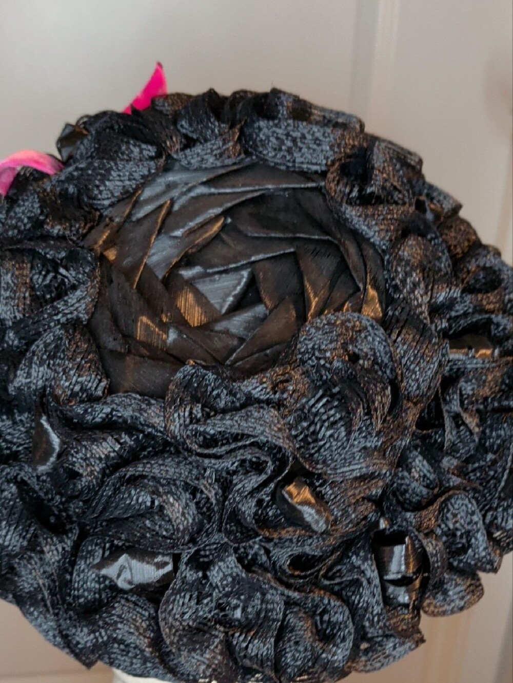 Vintage 60s Brianti Pillbox Hat Black Woven Straw & Ribbon Pink Bow Accent 20" - Picture 7 of 16